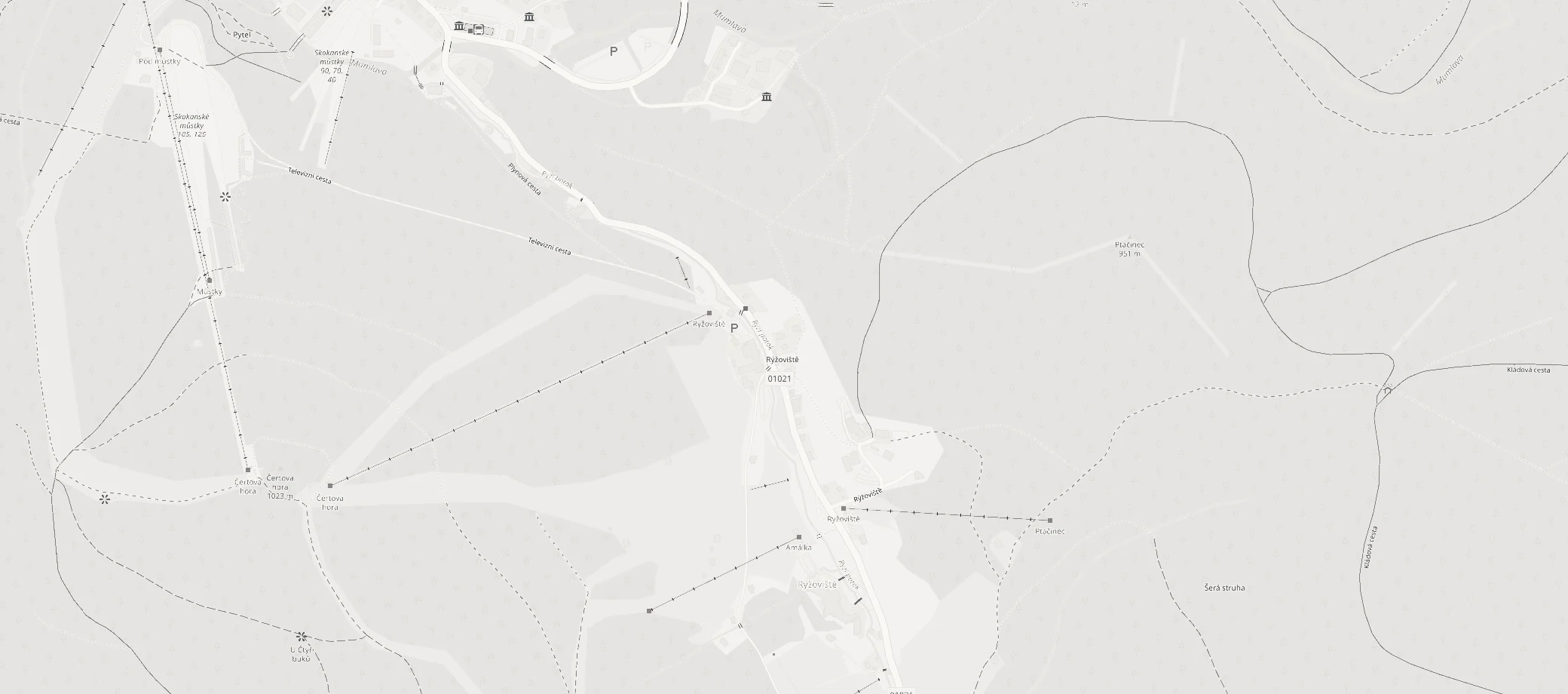 Mapa okolí Ryžoviště v Harrachově s vyznačenou polohou apartmánů